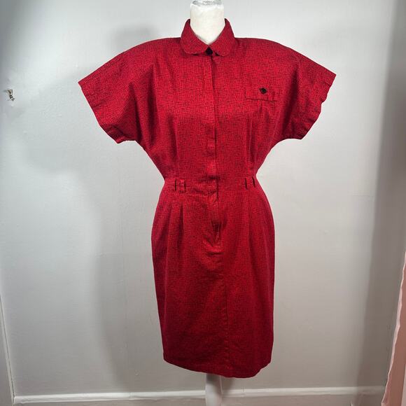 VTG All That Jazz Red Black Abstract Print Button Front Dress Cotton Women 11/12 - Picture 2 of 16